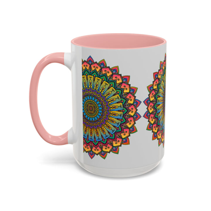 A colorful ceramic mug featuring a spiritual mandala art design