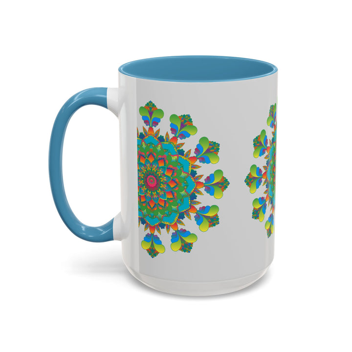 A beautiful mandala art mug featuring vibrant colors on a grey background