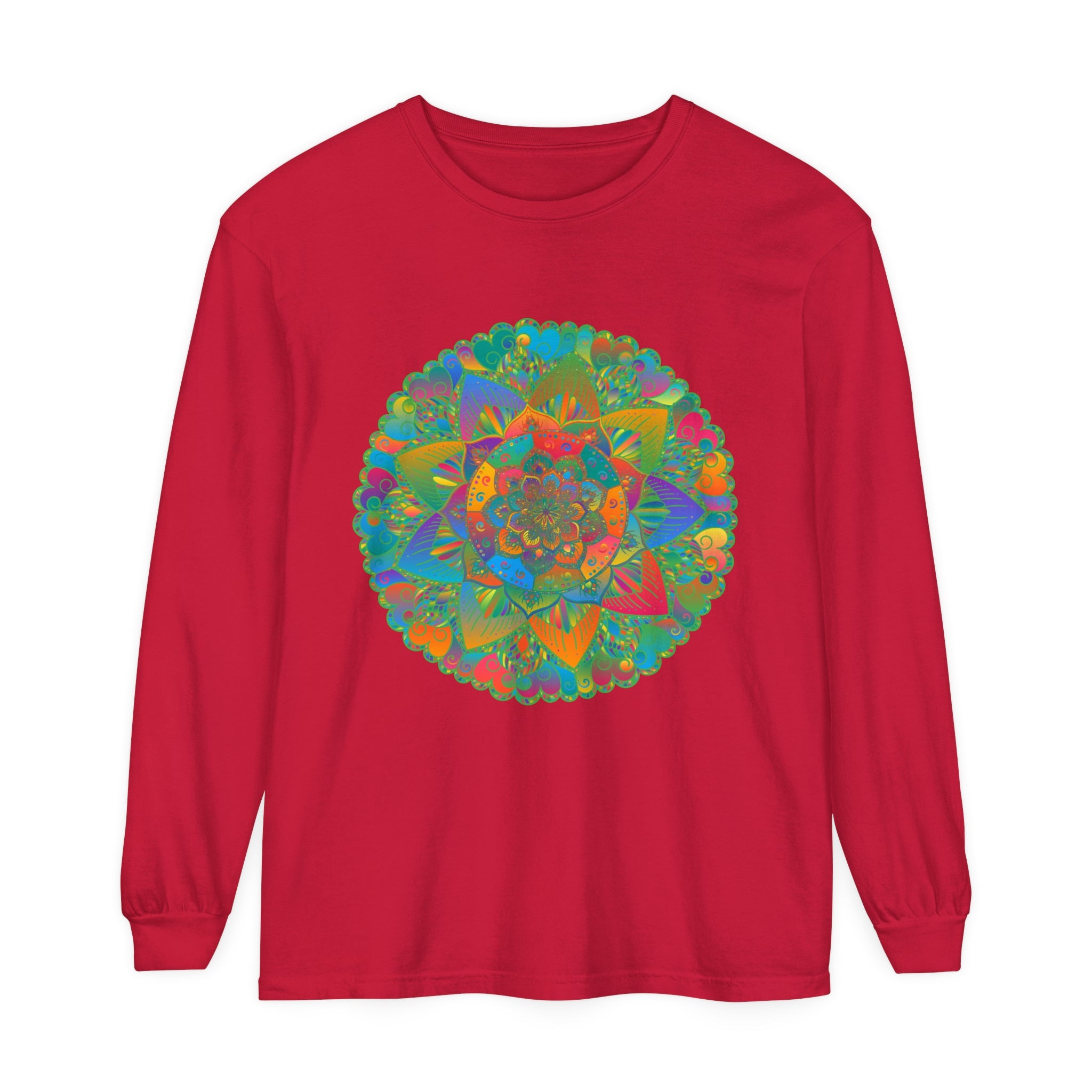 Vibrant Mandala Unisex Long Sleeve T-Shirt featuring intricate, colorful mandala design