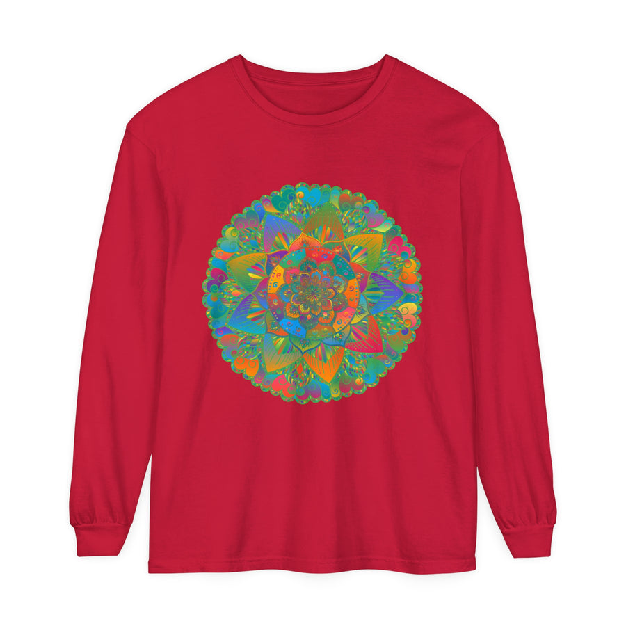 Vibrant Mandala Unisex Long Sleeve T-Shirt featuring intricate, colorful mandala design