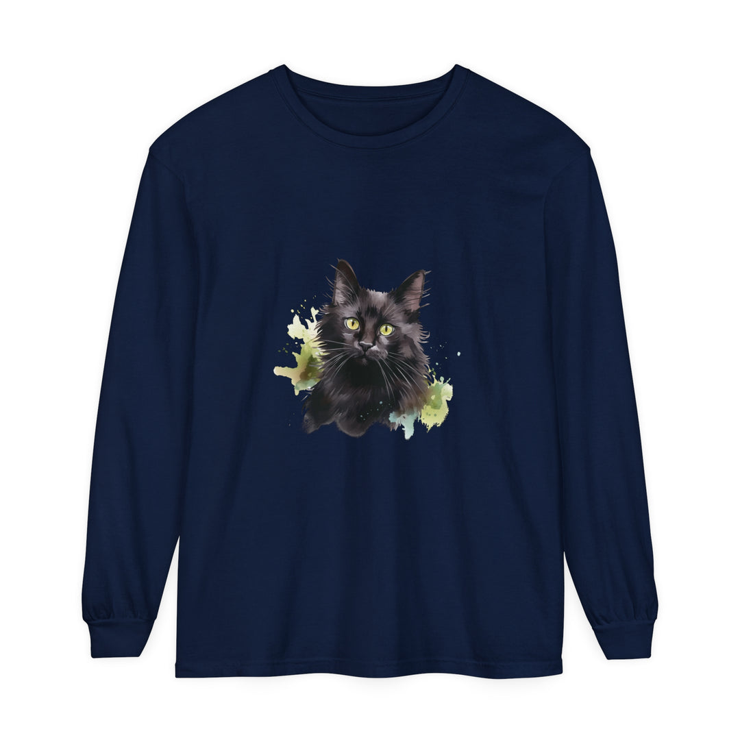 Long sleeve black t-shirt with vibrant watercolor cat splash design