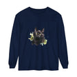 Long sleeve black t-shirt with vibrant watercolor cat splash design