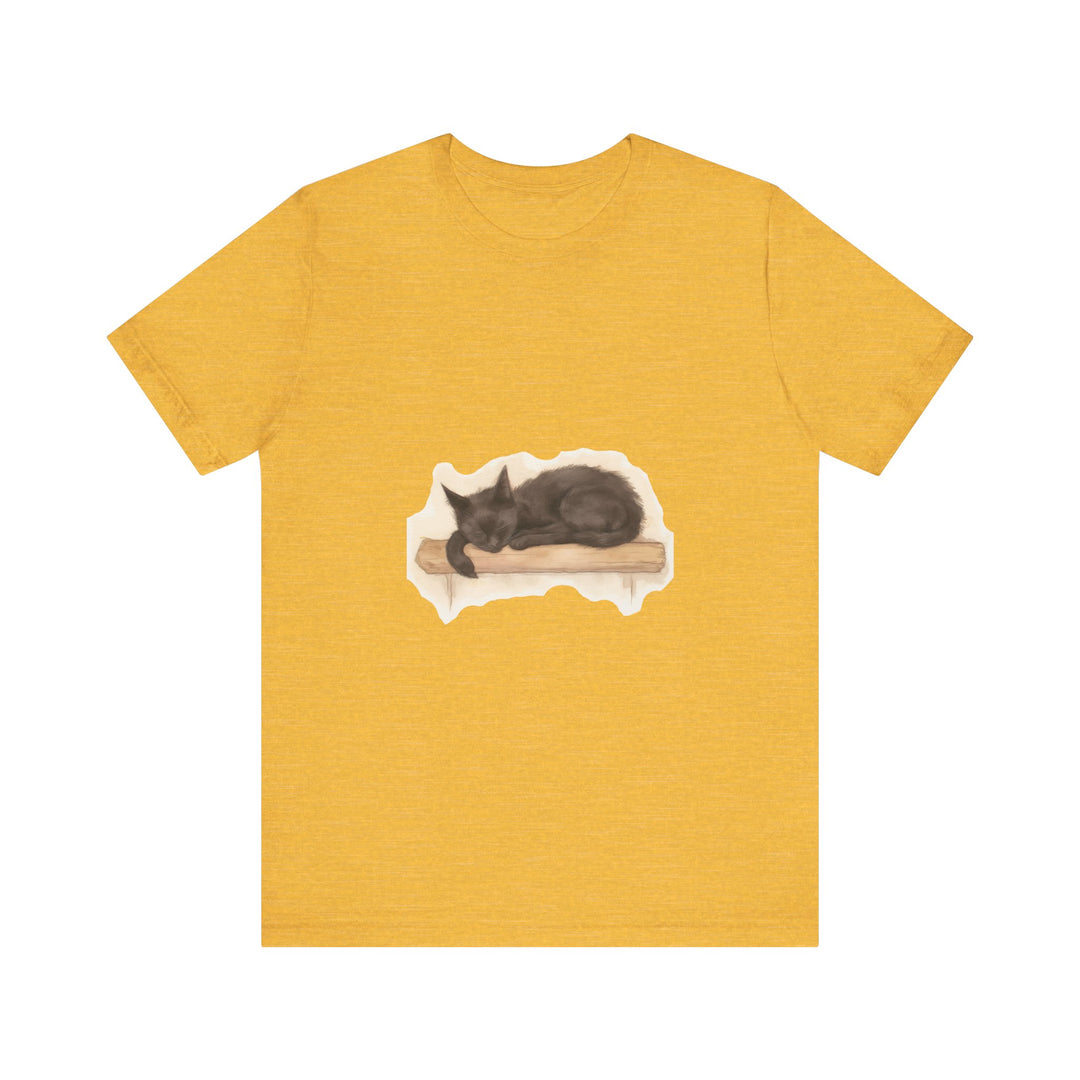 Watercolor painting of a peaceful black cat sleeping on a t-shirt