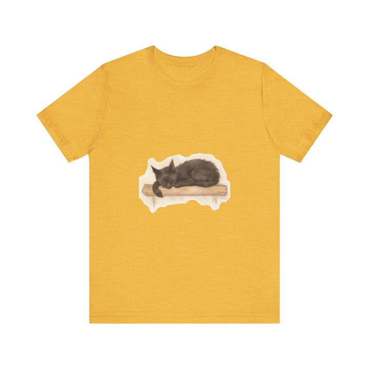 Watercolor painting of a peaceful black cat sleeping on a t-shirt