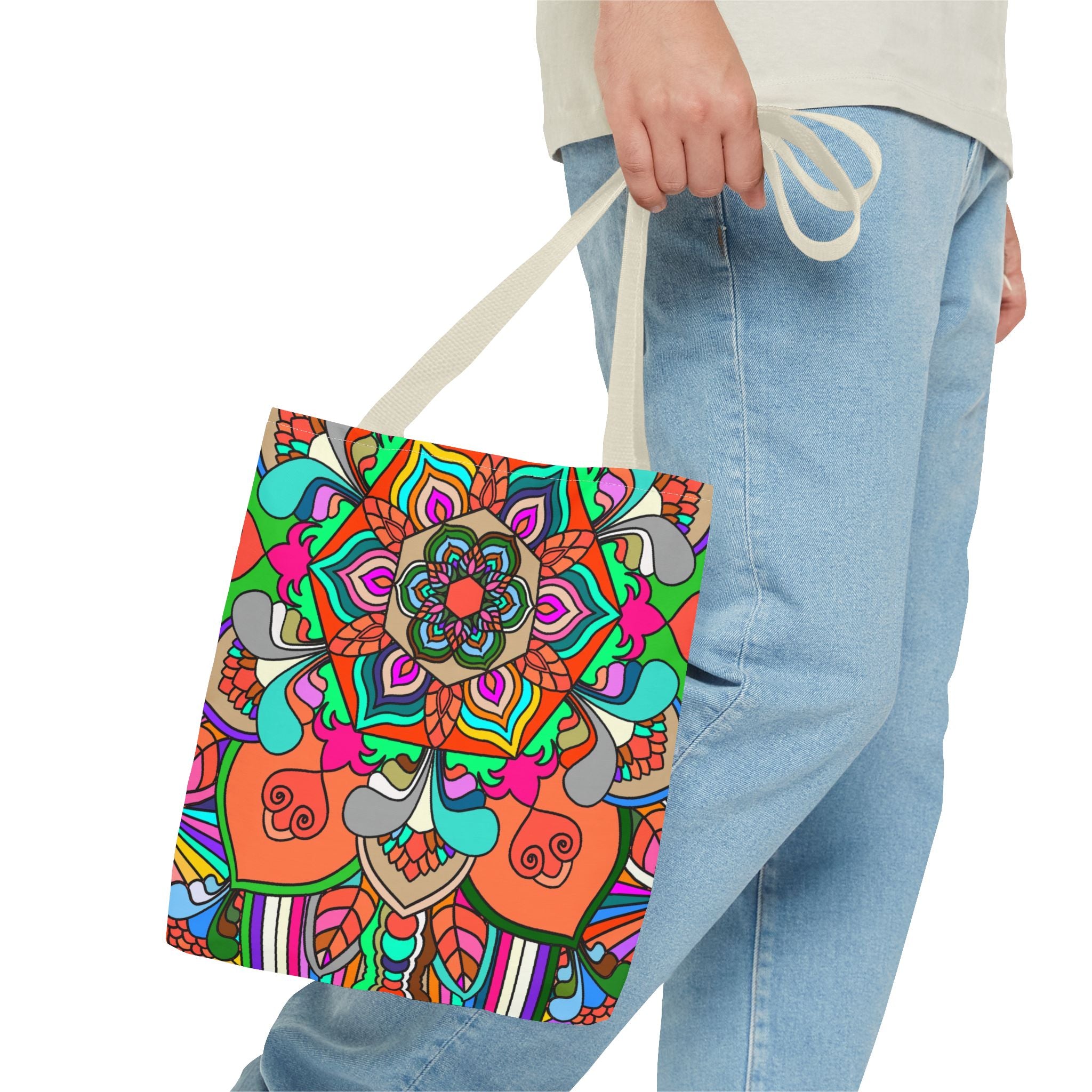 Borsa tote Mandala colorata — Borsa da spiaggia e da mercato con vivace stampa boho all-over