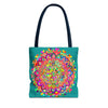 Beautiful aquamarine tote bag with intricate, colorful mandala art design