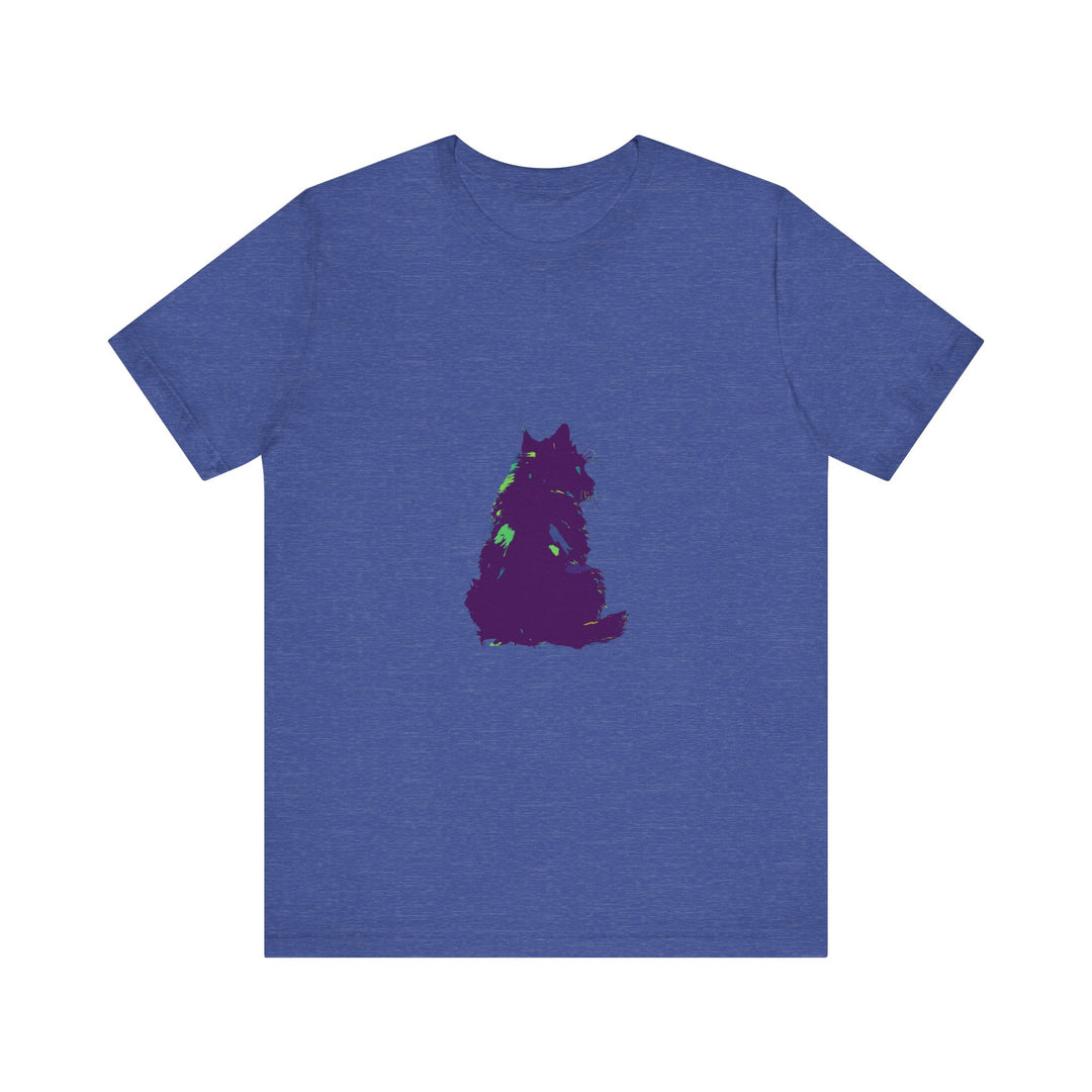 Black Cat Mystery - Colorful Silhouette T-Shirt featuring a vibrant, multicolored design of a mysterious black cat against a dark background