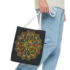 Colorful hand-drawn mandala art tote bag with all-over print design