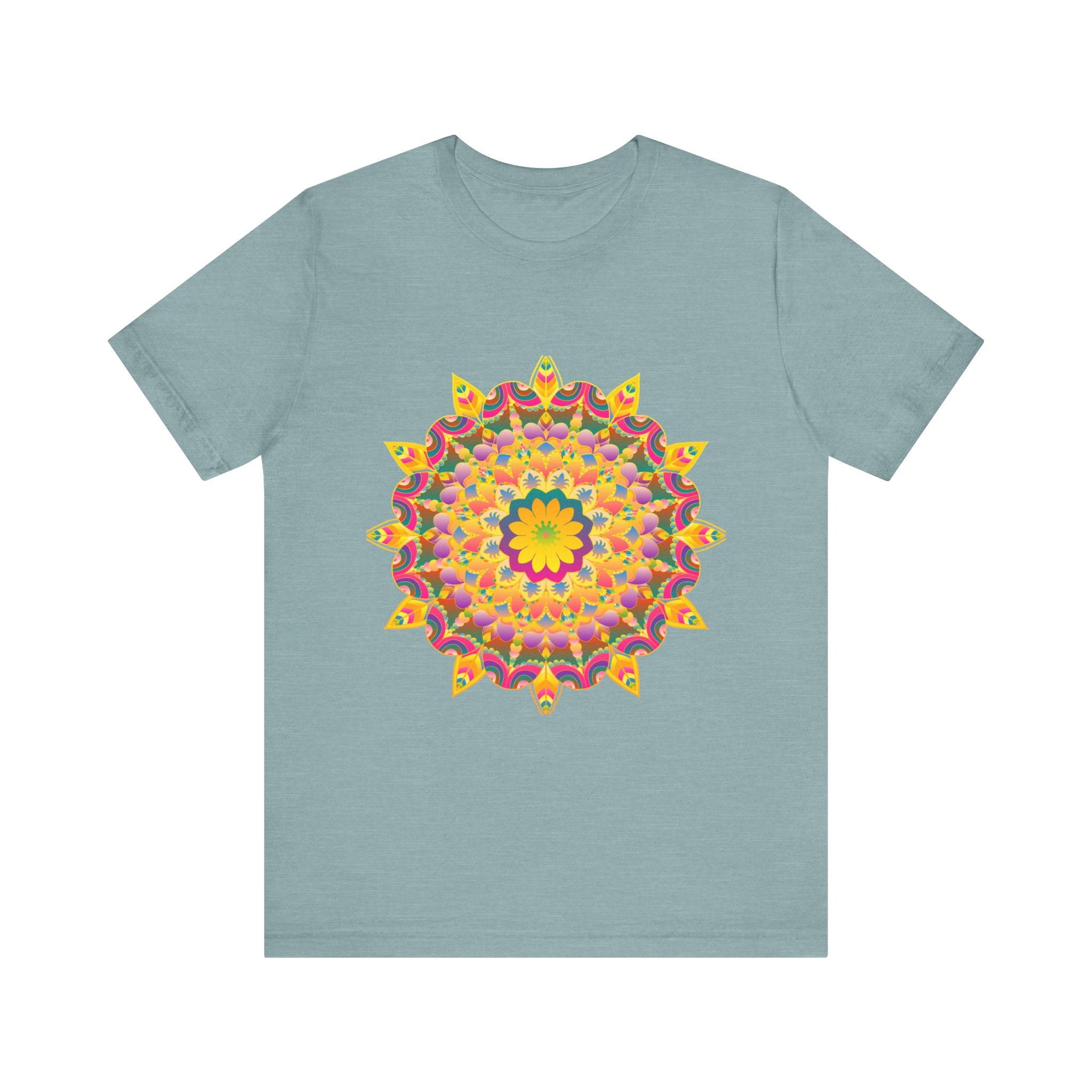 A vibrant mandala t-shirt featuring colorful spiritual art and intricate design