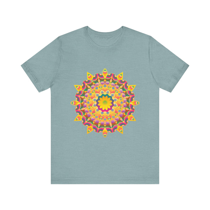 A vibrant mandala t-shirt featuring colorful spiritual art and intricate design