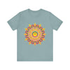 A vibrant mandala t-shirt featuring colorful spiritual art and intricate design