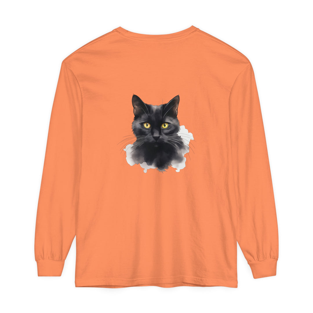 A close-up photo of a black cat portrait printed on a unisex long sleeve t-shirt