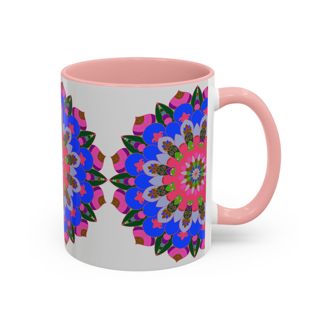 A vibrant and detailed mandala design adorns this colorful ceramic mug