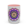 Beautiful mandala art mug featuring vibrant colors and intricate designs on a grey background