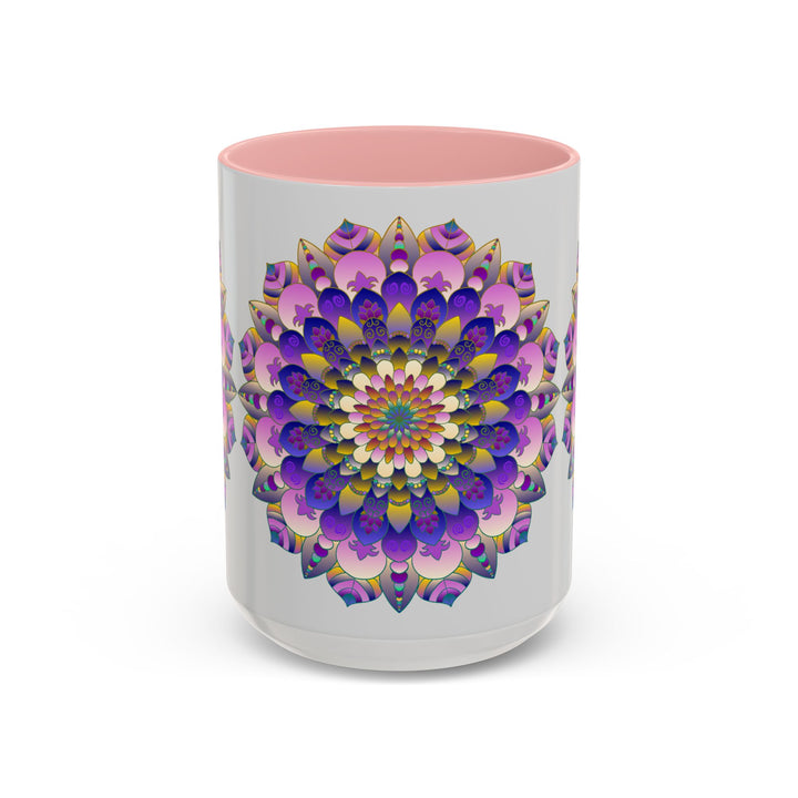 Beautiful mandala art mug featuring vibrant colors and intricate designs on a grey background