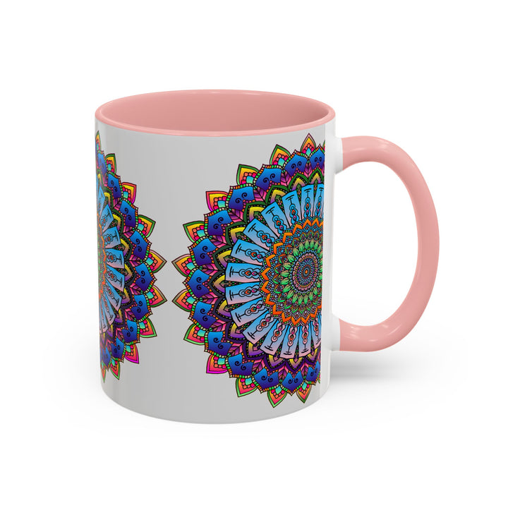 A vibrant mandala mug featuring colorful art on a grey background