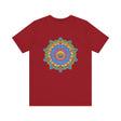 A colorful and intricate mandala design tee promoting spiritual peace and harmony