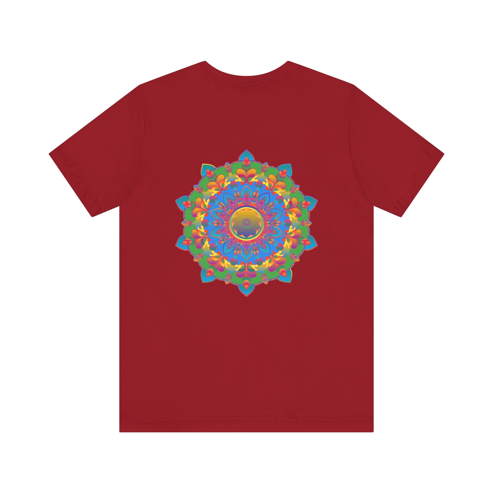 A colorful and intricate mandala design tee promoting spiritual peace and harmony