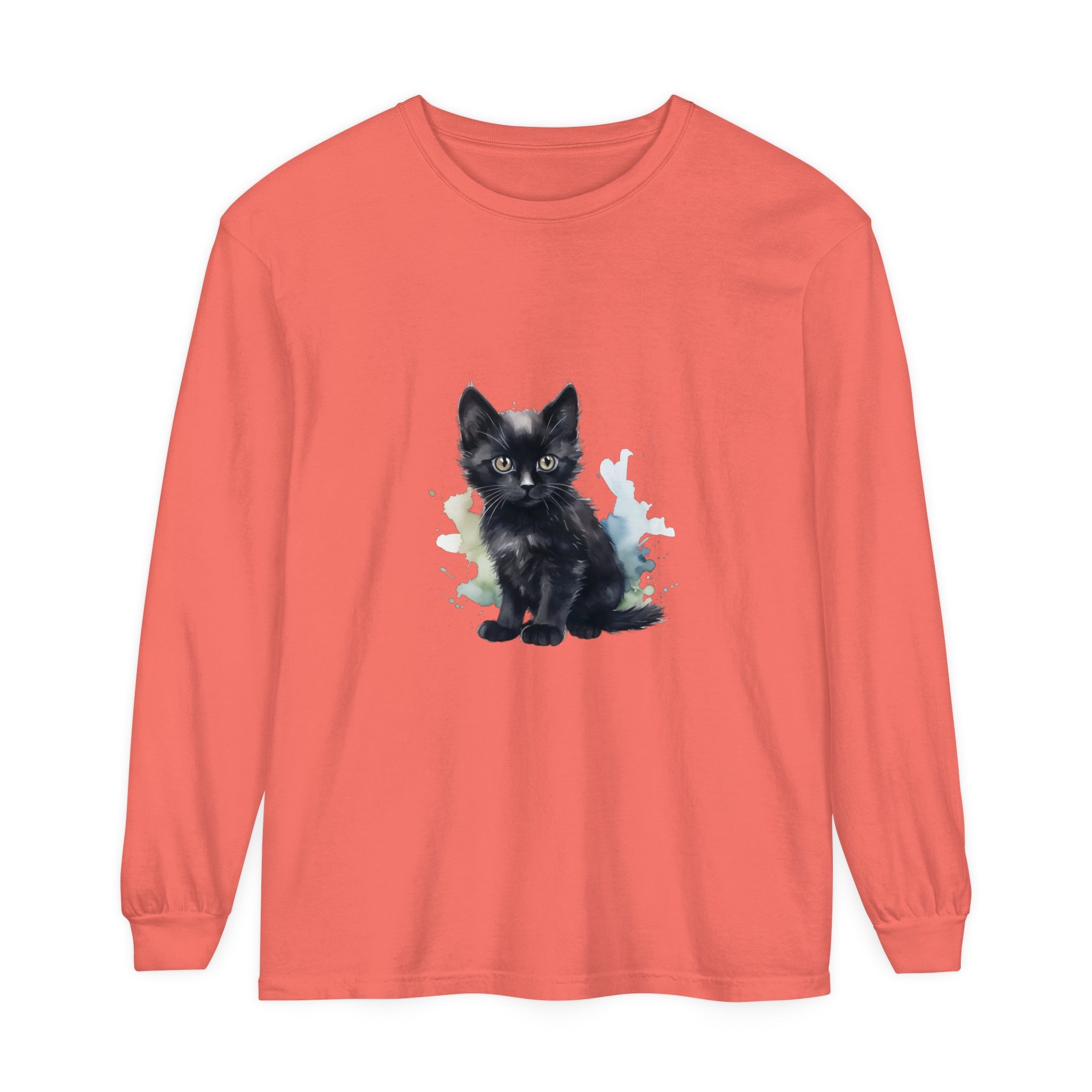 Black Kitten Watercolor Long Sleeve T-Shirt with cute cat design