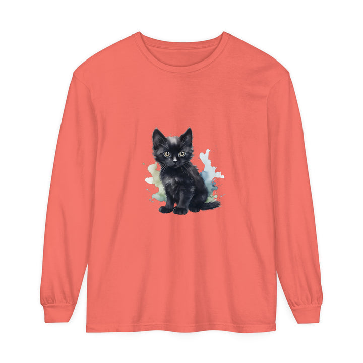 Black Kitten Watercolor Long Sleeve T-Shirt with cute cat design