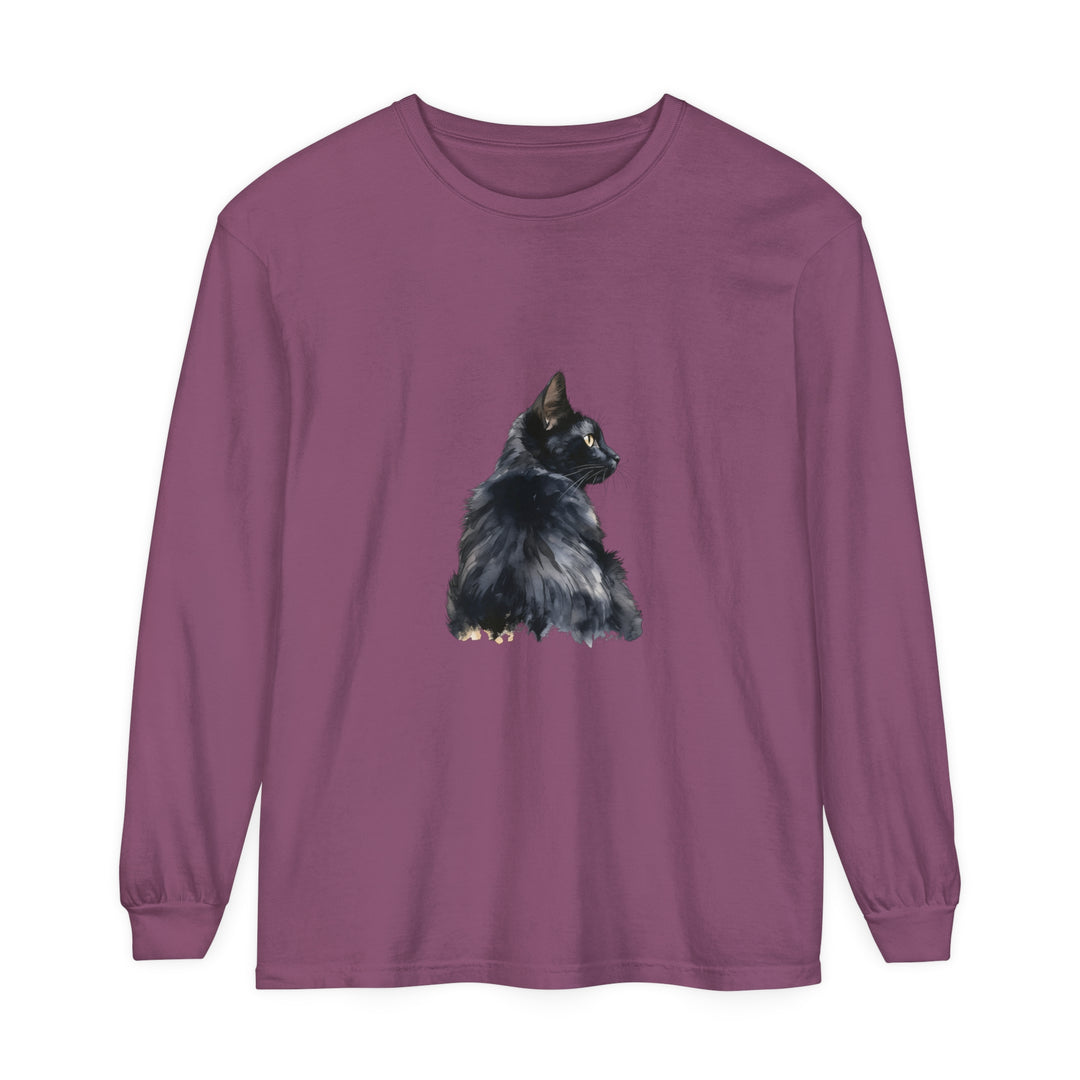 Long sleeve black cat watercolor t-shirt with vibrant and detailed design