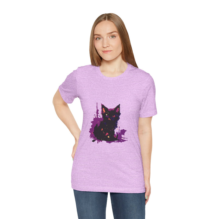 Schwarzes Katzenrätsel – Lila Farbspritzer-T-Shirt