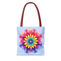 Colorful rainbow mandala design tote bag with intricate patterns and vibrant hues