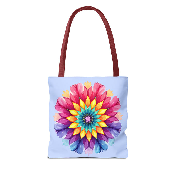 Colorful rainbow mandala design tote bag with intricate patterns and vibrant hues