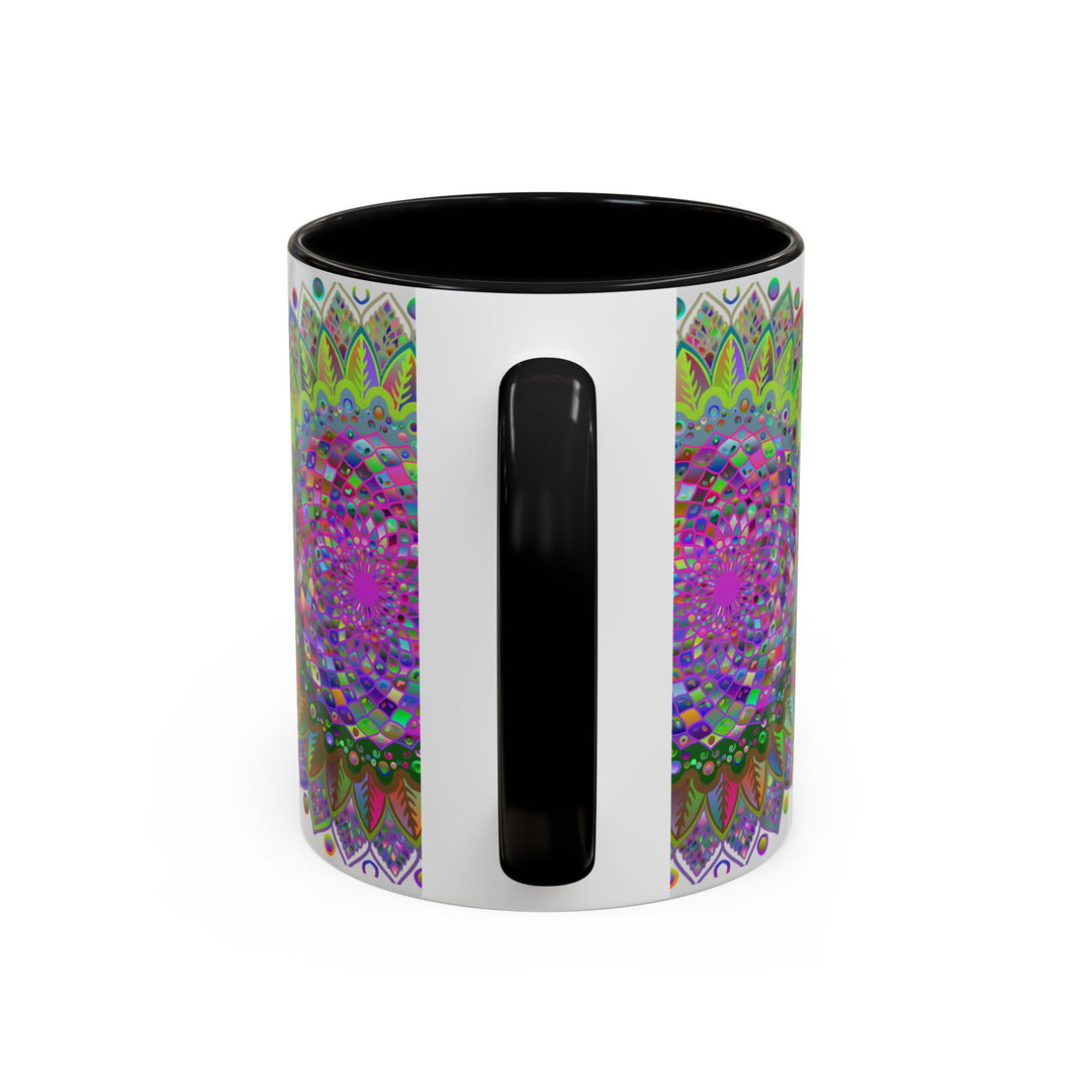 Vibrant and colorful mandala design on a grey ceramic mug