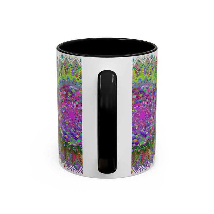 Vibrant and colorful mandala design on a grey ceramic mug