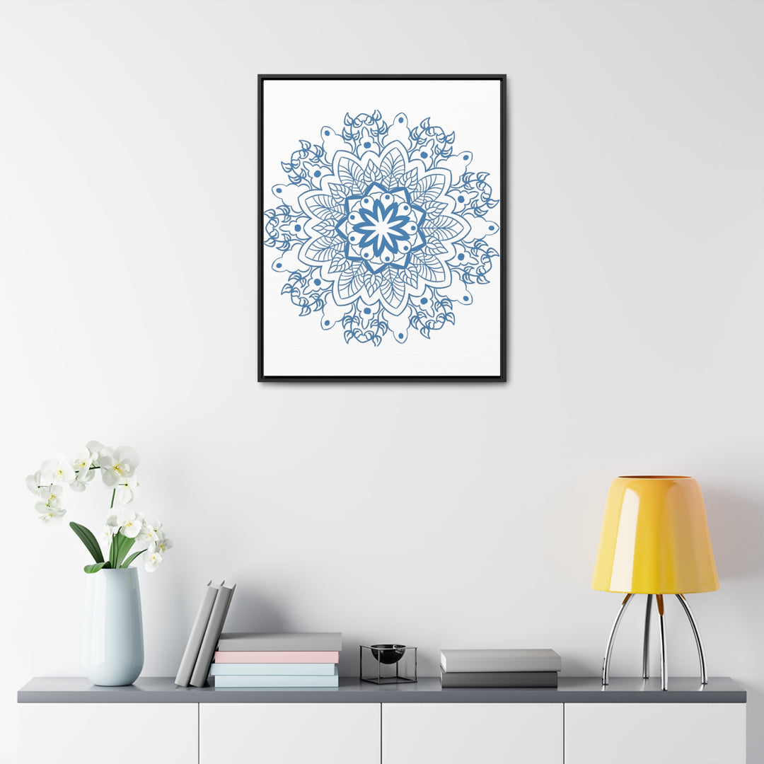 Beautiful handmade steel blue mandala design wall art on gallery canvas wraps, displayed in a vertical frame