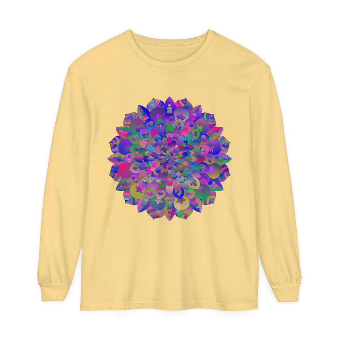 Colorful and intricately designed long sleeve t-shirt featuring vibrant mandala pattern