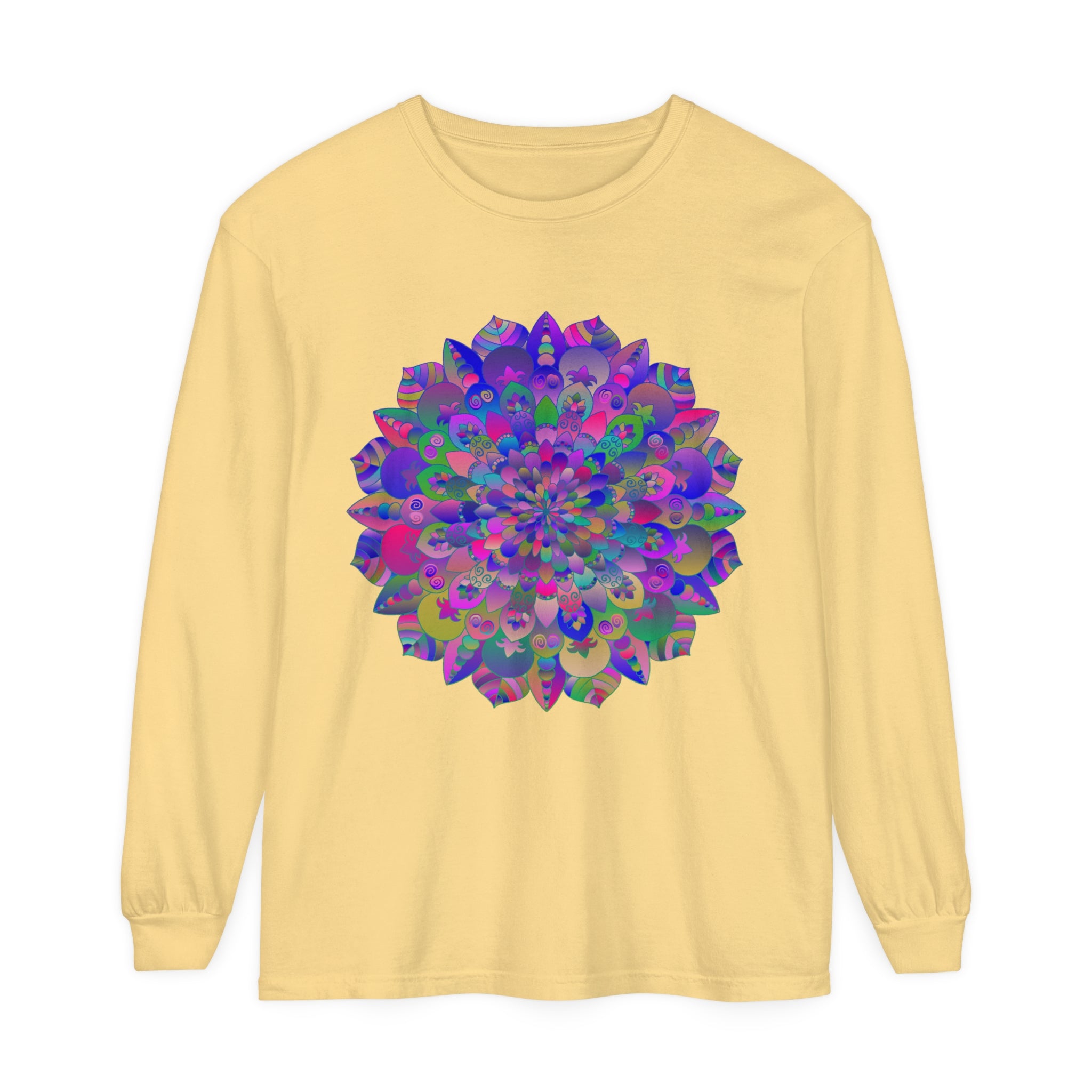 Colorful and intricately designed long sleeve t-shirt featuring vibrant mandala pattern