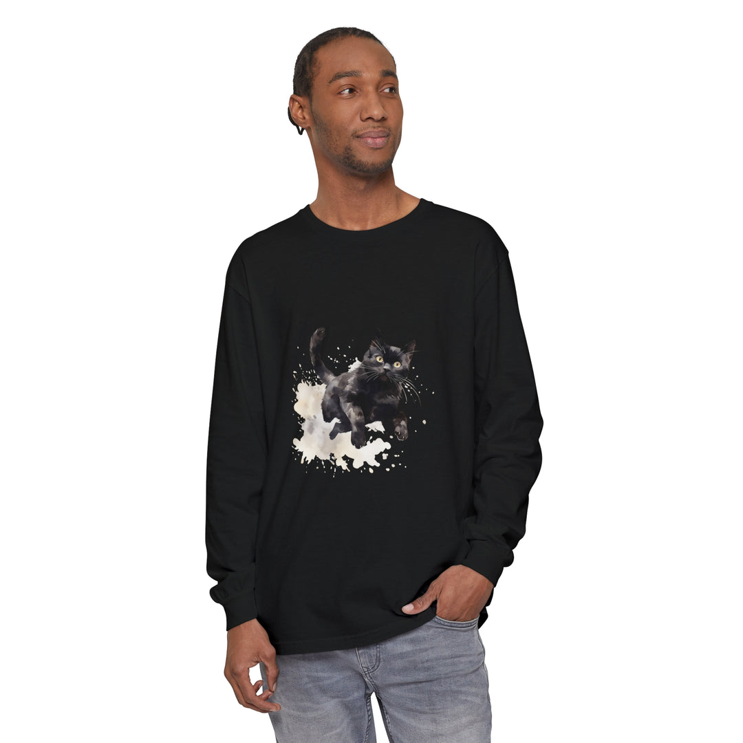 A vibrant watercolor splash design featuring a black cat on a t-shirt