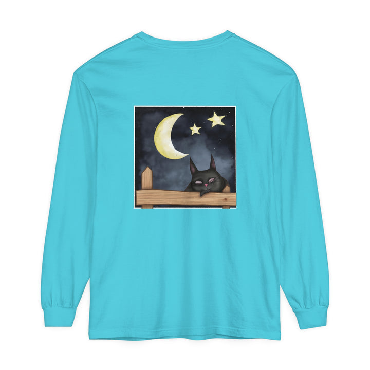 A black t-shirt with a sleepy cat gazing at the night sky