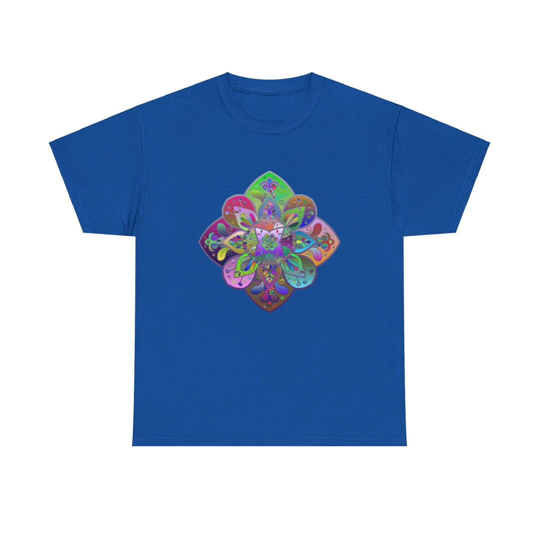 An image of a comfortable unisex heavy cotton tee featuring a beautiful mandala art design, perfect for yoga and mindfulness practices