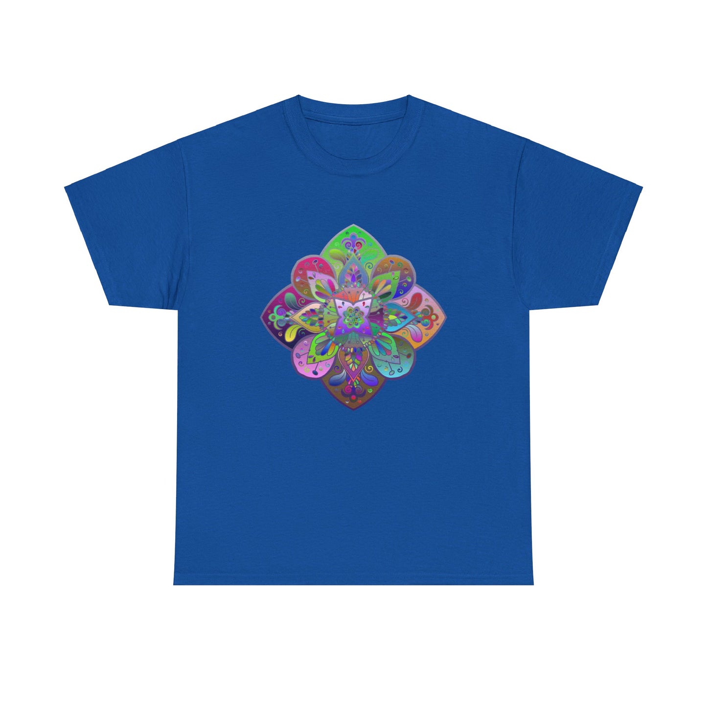 An image of a comfortable unisex heavy cotton tee featuring a beautiful mandala art design, perfect for yoga and mindfulness practices