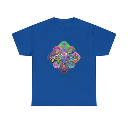 An image of a comfortable unisex heavy cotton tee featuring a beautiful mandala art design, perfect for yoga and mindfulness practices