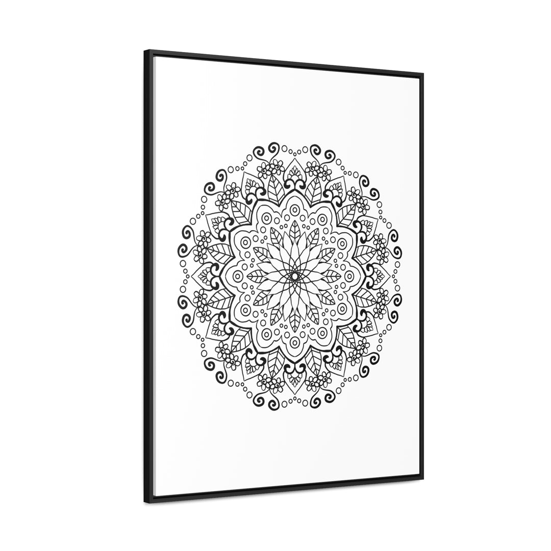 Handmade mandala art in black and white, displayed on gallery canvas wraps with a vertical frame