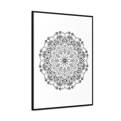 Handmade mandala art in black and white, displayed on gallery canvas wraps with a vertical frame