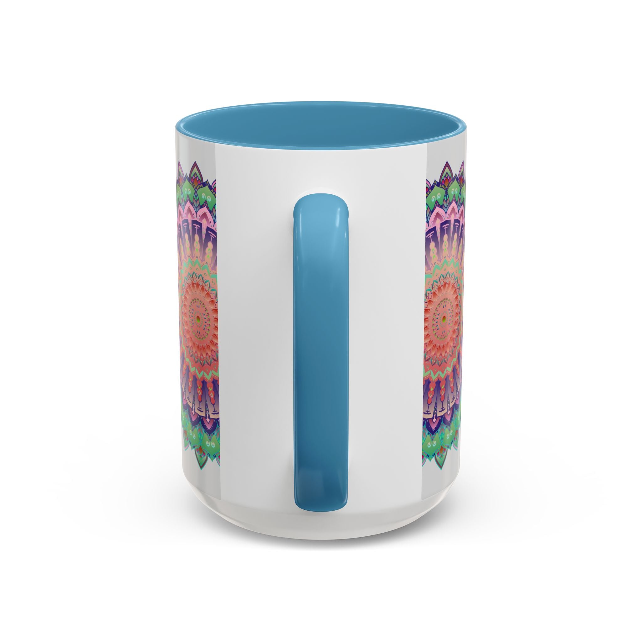 Beautiful mandala art mug featuring a colorful and intricate floral design