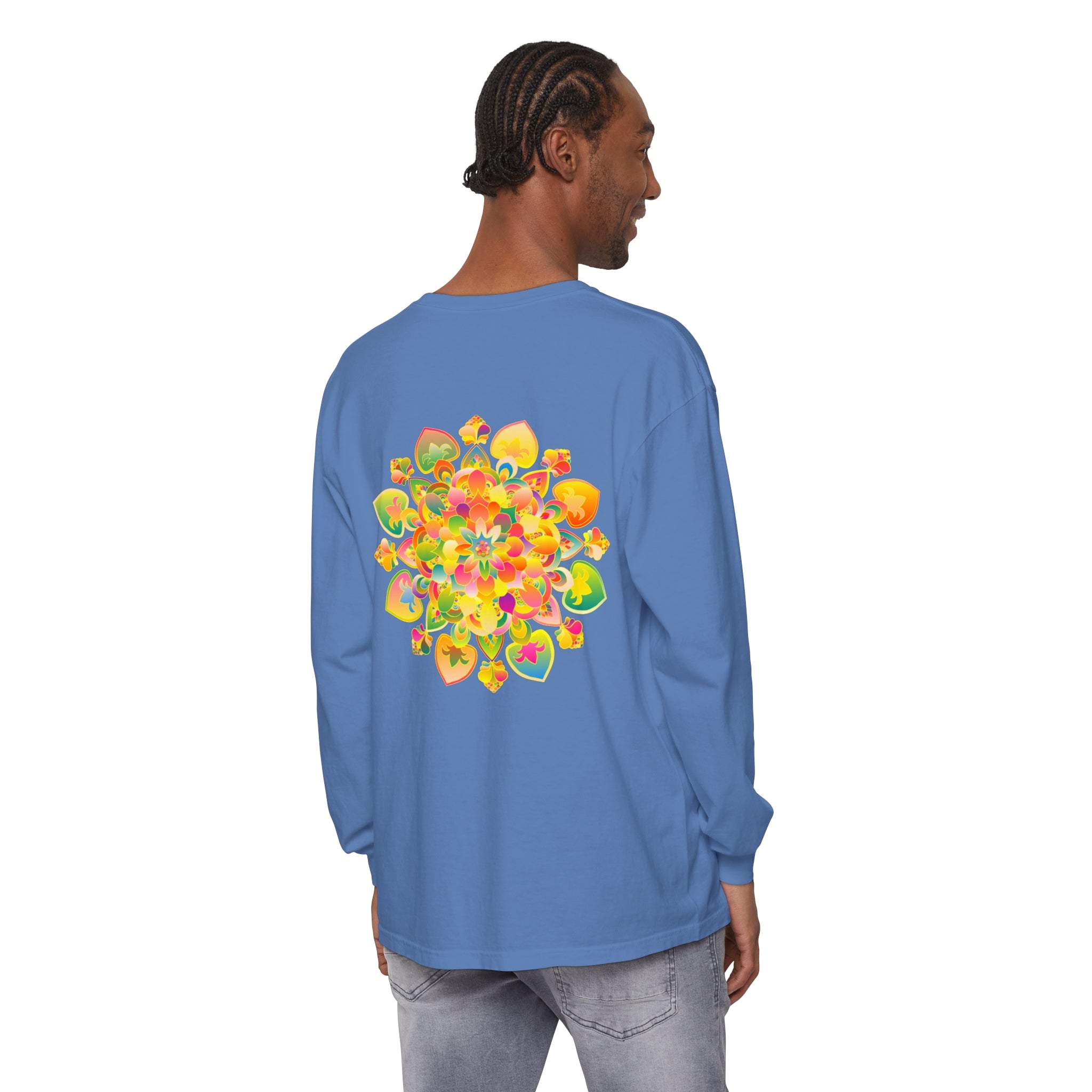 Colorful and intricate psychedelic mandala design on a long sleeve t-shirt