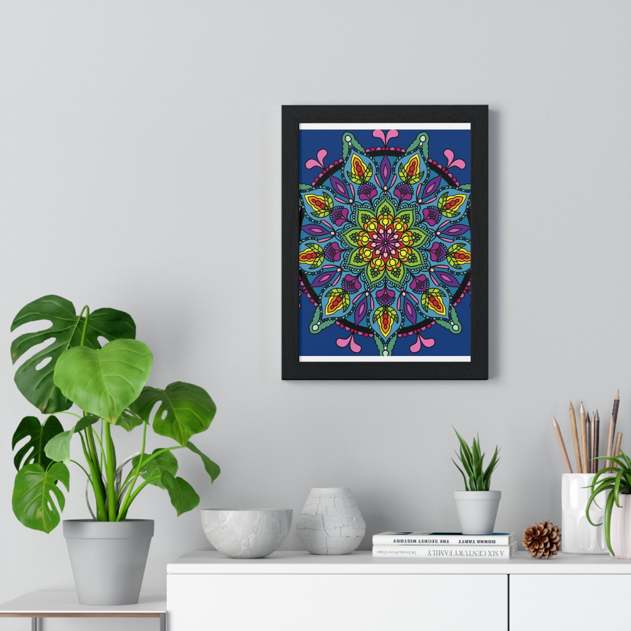 Beautiful hand-drawn blue mandala art poster framed vertically for mindfulness and yoga