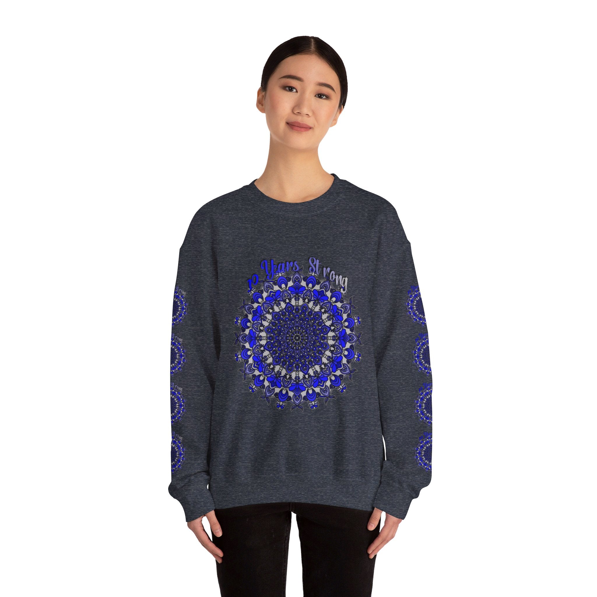 Heather Grey unisex sweatshirt with striking 10th Anniversary and 10 Years Strong design