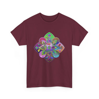 Colorful mandala design on black t-shirt, perfect for yoga and mindfulness practice, made with heavy cotton for both men and women