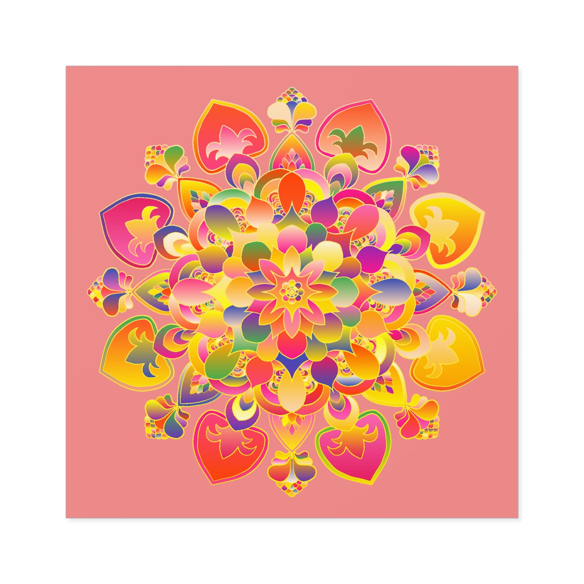 Handgezeichnete Mandala-Laminieraufkleber – Gold, Rot und Grün auf zartkorallenfarbenem Grund