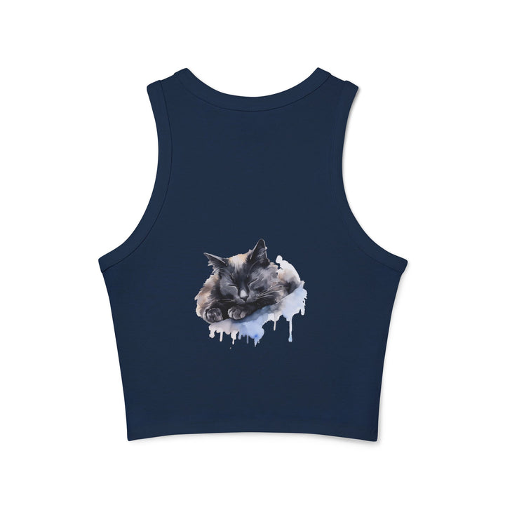 Adorable black and white cat graphic on a cozy and cute racerback tank top for a comfortable and stylish sleepwear option