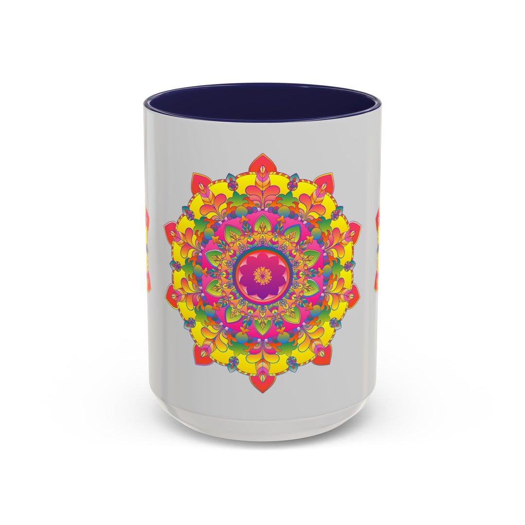 Vibrant mandala design on grey ceramic mug, perfect for sipping your favorite hot beverages