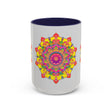 Vibrant mandala design on grey ceramic mug, perfect for sipping your favorite hot beverages