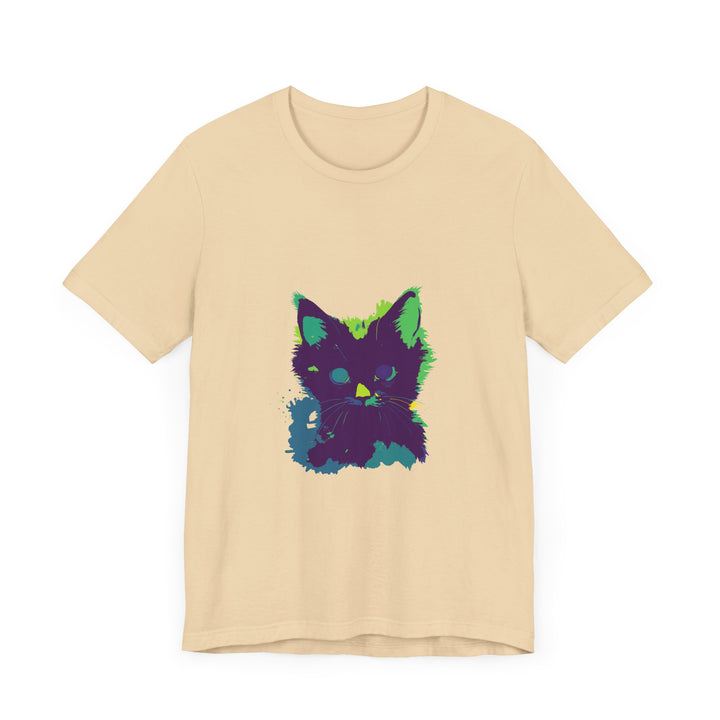 Neon Black Cat Mystery T-Shirt with vibrant colors and playful design